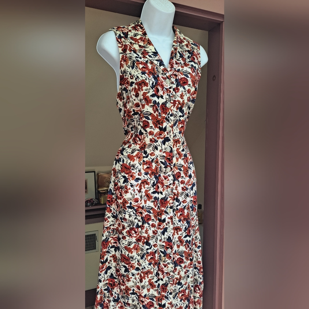 1990s JONATHAN MARTIN Off-White Floral Sundress Fitted Tie Back Tank Maxi Dress - Picture 2 of 16